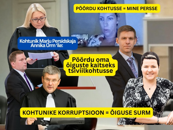 Korruptsioon Kohtunik Marju Persidskaja Annika Urm ‘ile: Pöördu oma õiguste kaitseks tsiviilkohtusse Liina Naaber-Kivisoo, Vallo Kariler, Tarmo Tina ja Olev Mihkelson Korruptsioon